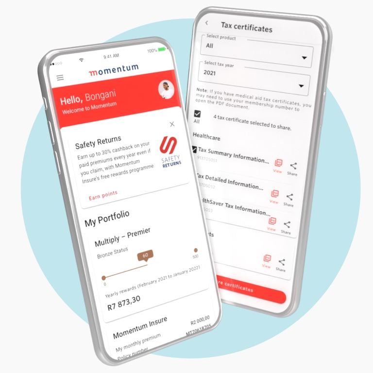 Two cell phones. One screen is displaying tax certificates and the other, a Momentum Safety Alert Screen.
