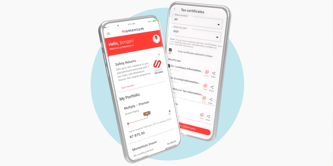 Two cell phones. One screen is displaying tax certificates and the other, a Momentum Safety Alert Screen.

