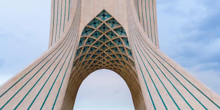  The Azadi Tower, formerly known as the Shahyad Tower, is a monument on Azadi Square in Tehran, Iran. The tower is about 45 metres tall and is entirely clad in cut marble. 