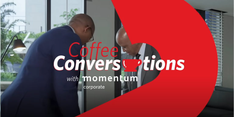 A Momentum Corporate branded image of Dan Moyane getting ready to be interviewed for the Coffee Conversations webcast.