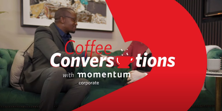 A Momentum Corporate branded image of Dr Jacqui Carnelley in conversation with an interviewer for the Coffee Conversations webcast.