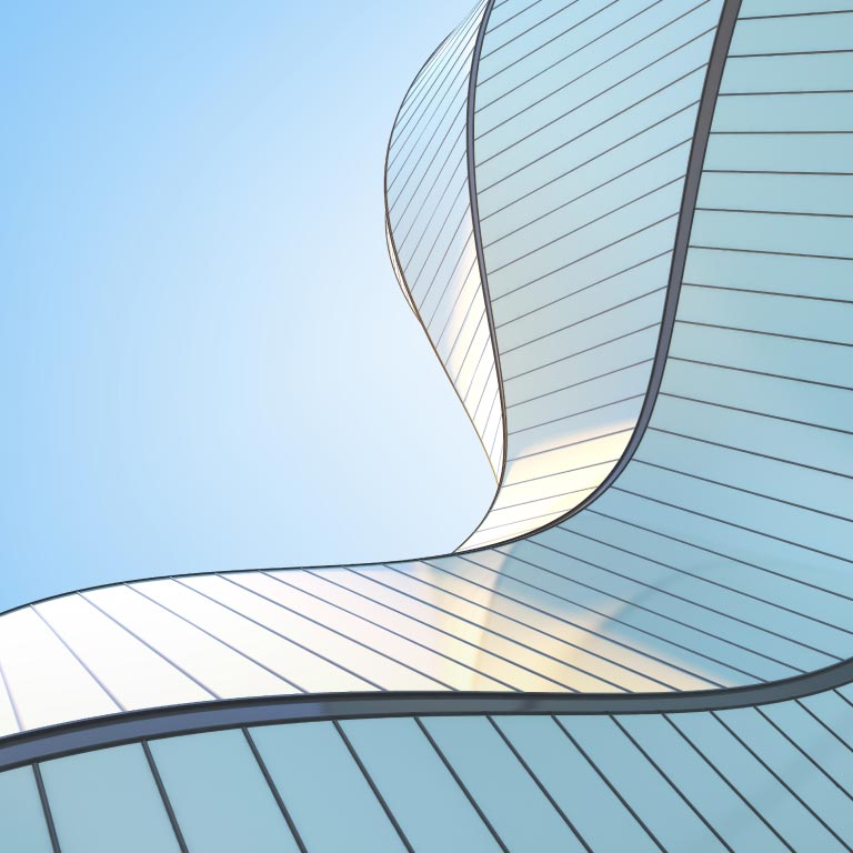 A modern building with sleek curves crafted entirely from glass panels, creating a striking, futuristic appearance that reflects light beautifully.