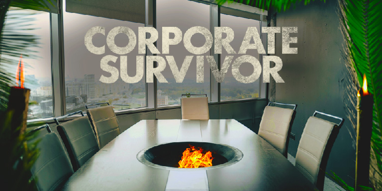 Movie poster for Momentum Corporates’ Corporate Survivor features a boardroom with a table and a fire circle at the centre.
