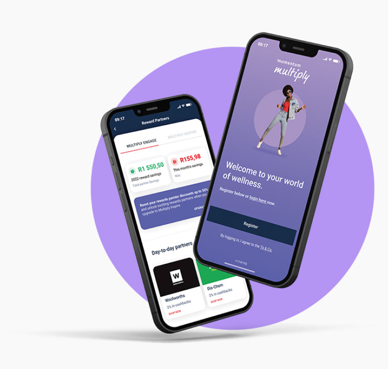 2 smartphones with one displaying the Momentum Multiply login screen and the other displaying the dashboard.