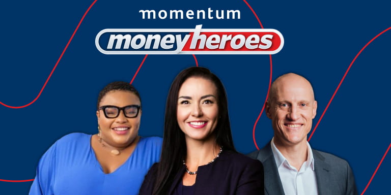 Three members of the Momentum Dream Team superimposed on a Money Heroes branded background consisting of Funeka Ngewu, Executive Head of Claims; Leonie Connell, Financial Adviser; Brand Pretorius, CEO of Momentum Insure.