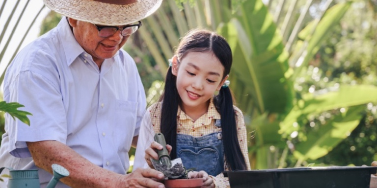 Elderly Asian man outside, teaching his young granddaughter how to take care of a pot plant.