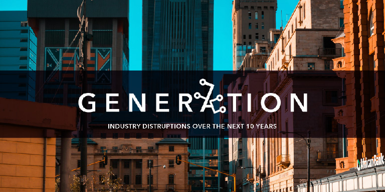 Movie poster for Momentum Corporates’ ‘Generation’ showing the background of tall city buildings.