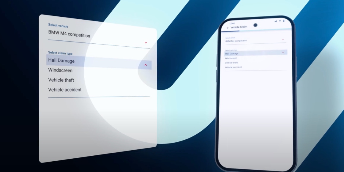 The Momentum App interface for submitting a vehicle claim, showing options to select a vehicle and claim type, with 'BMW M4 competition' as the chosen vehicle and 'Hail damage' selected as the claim type.