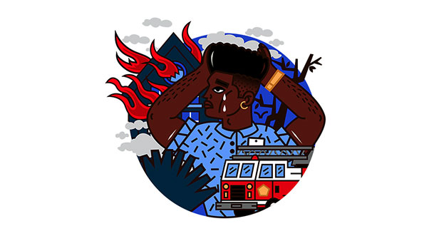 A cartoon illustration of a crying African man dealing with a fire emergency at his home.