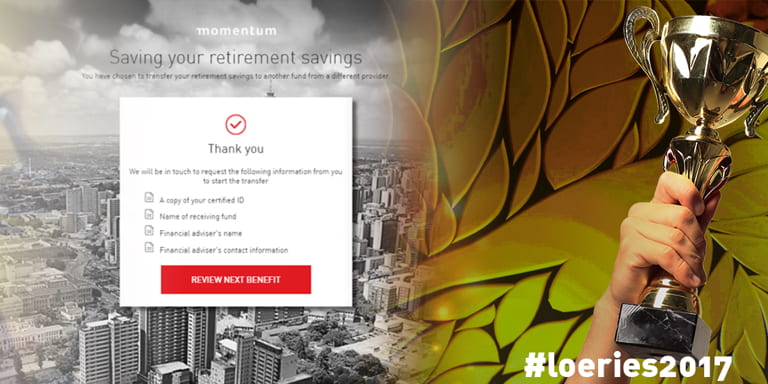 2017 Loeries award category win for Momentum showcasing a trophy and a breakdown of the Smart Exit solution developed with Accenture.