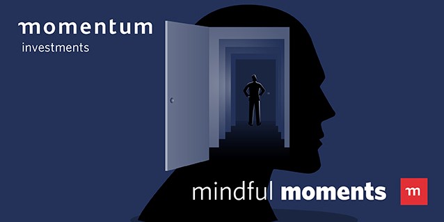 The image shows a side profile of a man's head. Inside his head, a door is open, revealing a small figure of a man standing within, as if inside his mind. The concept suggests introspection or exploring one's inner thoughts.