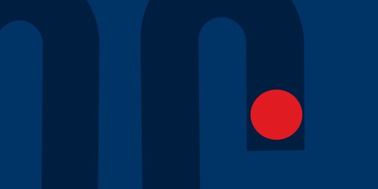 Abstract image of a dark blue curve on a blue background symbolizing a life journey, with a red spotlight marking its end. 