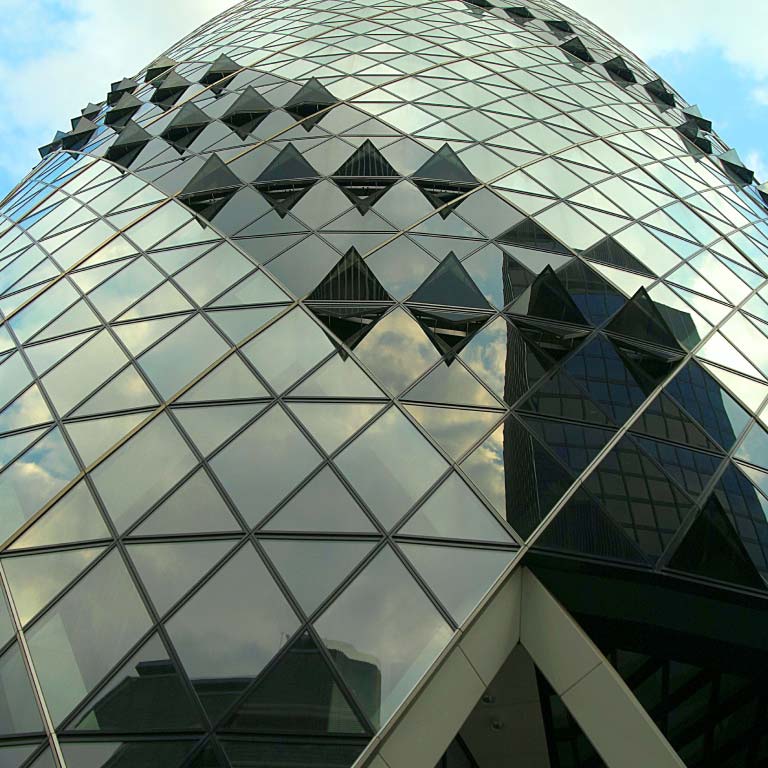 Low angle view of the gherkin, formerly Swiss Re Tower.