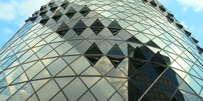 Low angle view of the gherkin, formerly Swiss Re Tower.