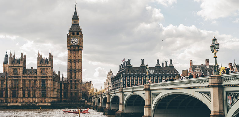 An oceanic view of Britain's Palace of Westminster and Big Ben towering over the palace.