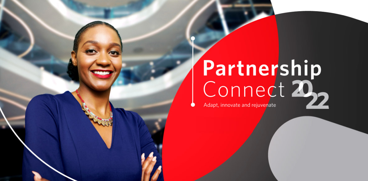 Event banner written ‘Partnership Connect 2022’ and featuring a medium close-up shot of a lady in a blue top.