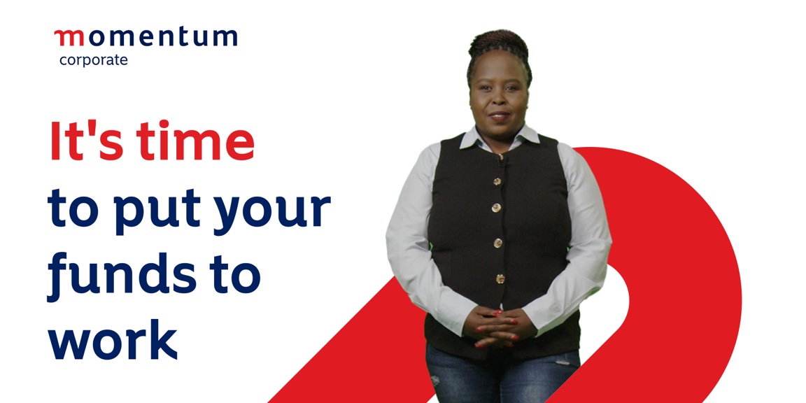 Matlakala Nkabinde, Retirement Benefit Councillor at Momentum Corporate, stands against a white Momentum-branded background and speaks about retirement savings.