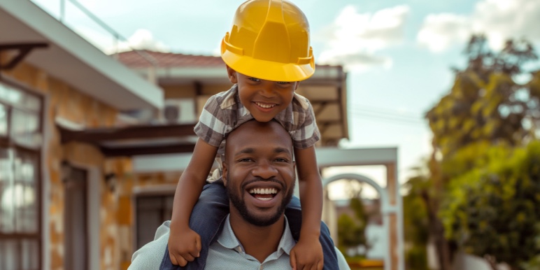 A smiling young man, carrying his happy son with a yellow helmet on his shoulders, confident about his future plans.