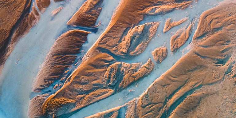 Aerial view of river estuary in the Iceland River Delta.