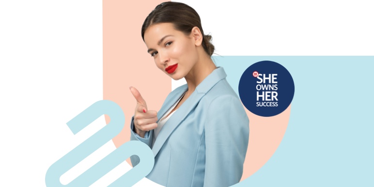 Confident woman pointing her index finger frontwards.