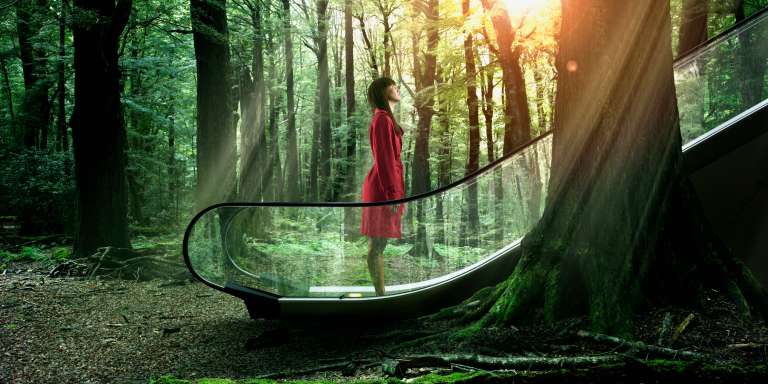 A young female professional using an escalator in a corporate building with a forest background.