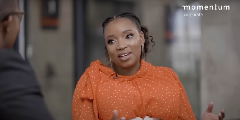 A Momentum Corporate branded image showing Thabisa Mkhwanazi in conversation for the Coffee Conversations webcast.