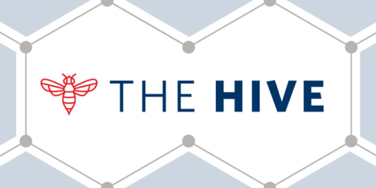 Hexangonals placed next to one another to depict a beehive structure that explains how the Research Hive operates.