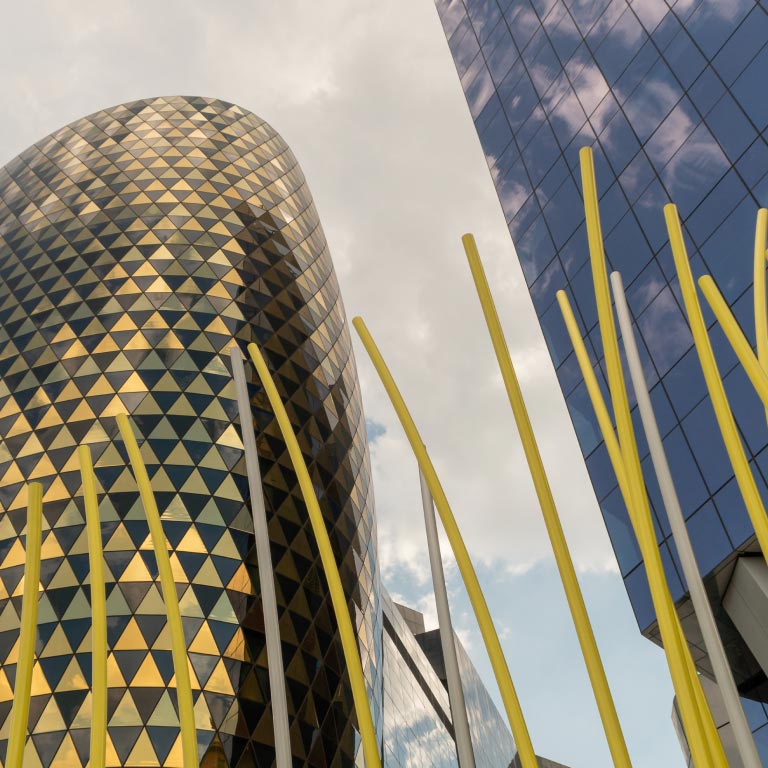 Low-angle perspective of The Marc building in Sandton, South Africa.