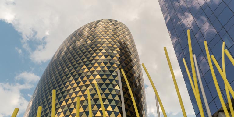 Low-angle perspective of The Marc building in Sandton, South Africa.