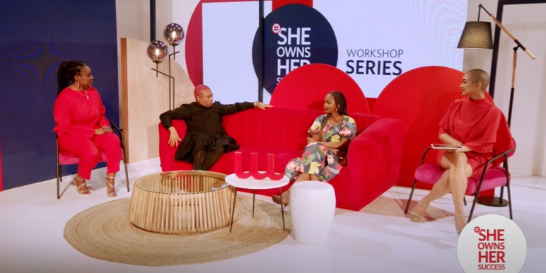 Charlotte Nsubunga-Mukasa: Head of Momentum brand marketing, Thami Dish: LGBTIQ+ activist and founder of the Feather Awards, Ndoni Mcunu: Founder of Black Women in Science chat to Sherlin Barends, the MC, at the SheOwnsHerSuccess workshop panel discussion 2021.