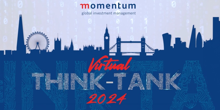 A navy blue outline of iconic landmarks in London, England, with a red setting sun.