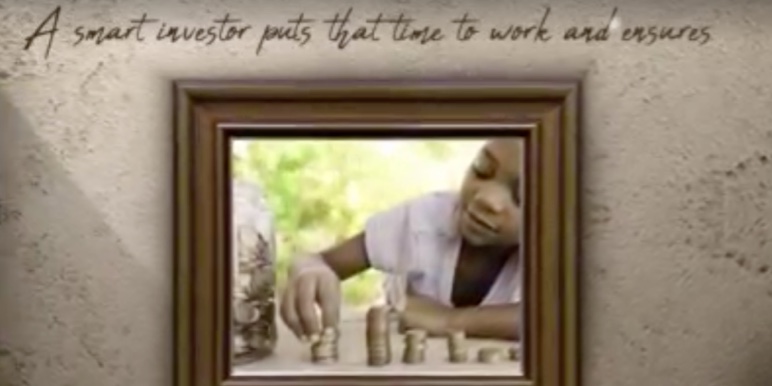 Young girl outside her garden stacks coins, symbolising saving money for the future.