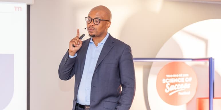 Thabo “TBo Touch” Molefe, Executive Director of the International Institute of Broadcasting (SA) and entrepreneur with Nontokoza Madonsela, Group CMO at Momentum Metropolitan at #ScienceOfSuccess Fest