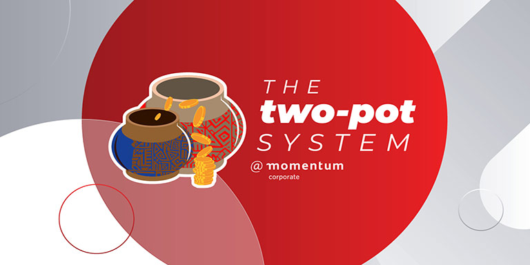 Graphic of two clay pots with African prints and a stack of gold coins pouring into one of the pots.