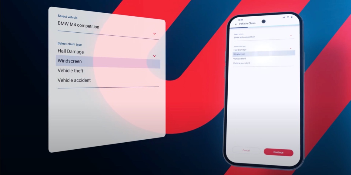 The Momentum App interface for submitting a vehicle claim, showing options to select a vehicle and claim type. To its right is a smartphone displaying the 'Continue' button to proceed with the claim submission.  The background has Momentum’s red and blue branding.