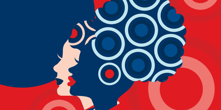 Illustration depicting two women looking to the left wearing vibrant, blue African head wraps.