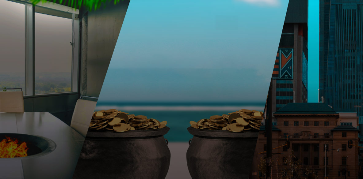 A split-image visual featuring an office interior, a city skyline, and pots of gold, symbolizing financial insights and future-proof finances. Accompanies a Momentum Corporate 2024 Insights Paper on evolving work trends and employee expectations.