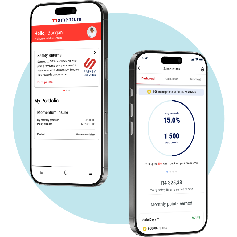 2 mobile screens displaying the Momentum Insure Safety Returns dashboard and points earned for the month towards a 30% cashback reward.