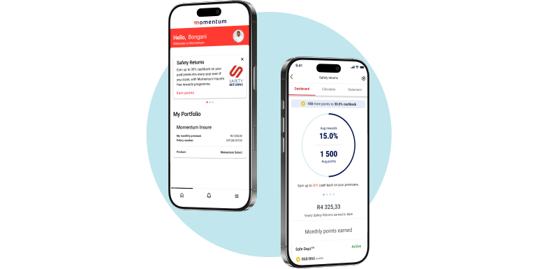 2 mobile screens displaying the Momentum Insure Safety Returns dashboard and points earned for the month towards a 30% cashback reward.