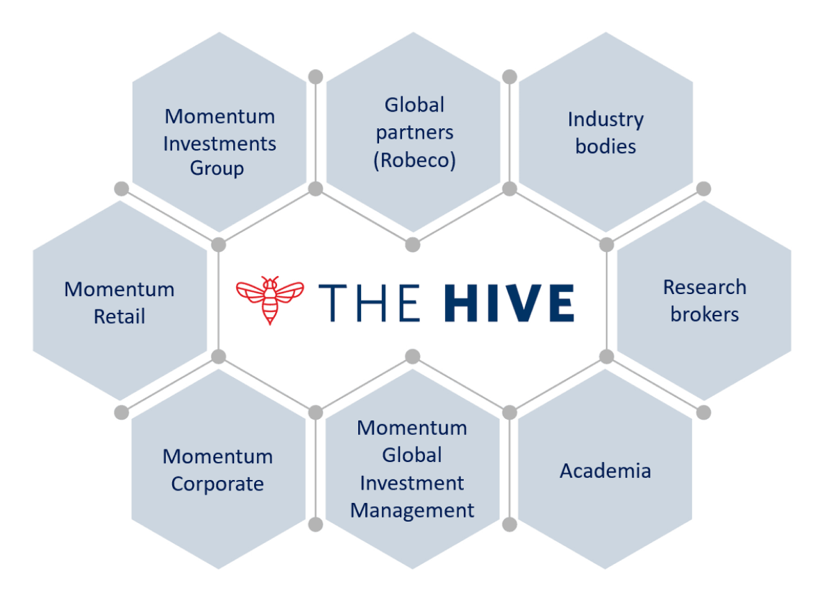Hexangonals placed next to one another to depict a beehive structure that explains how the Research Hive operates.