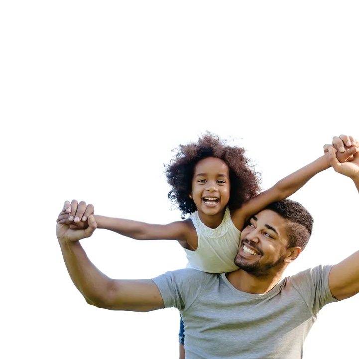 Momentum branded image with a young man carrying his daughter in a piggyback while enjoying fun family time.